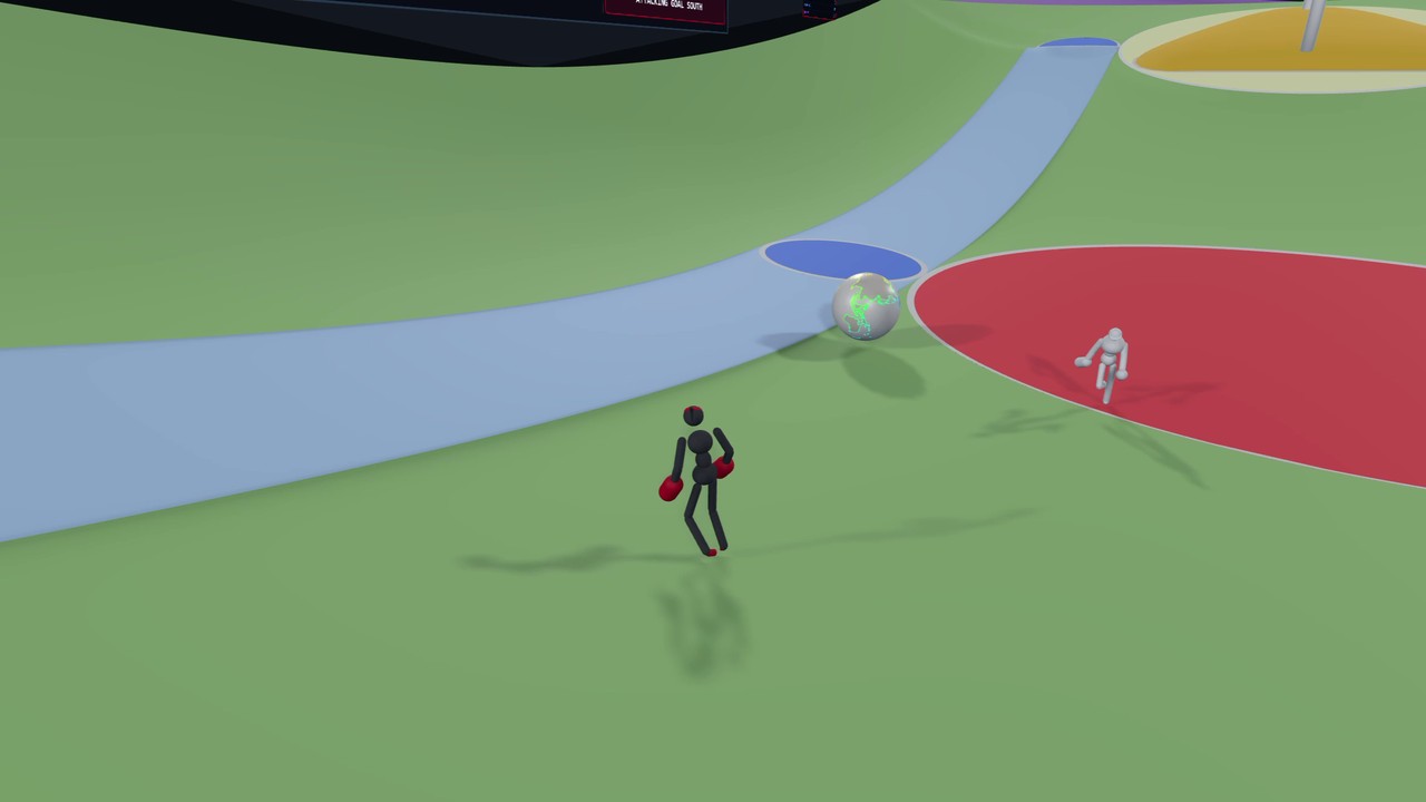 Player 1 sprinting in the approach lane, driving the match ball uphill towards the target goal with AI in pursuit.