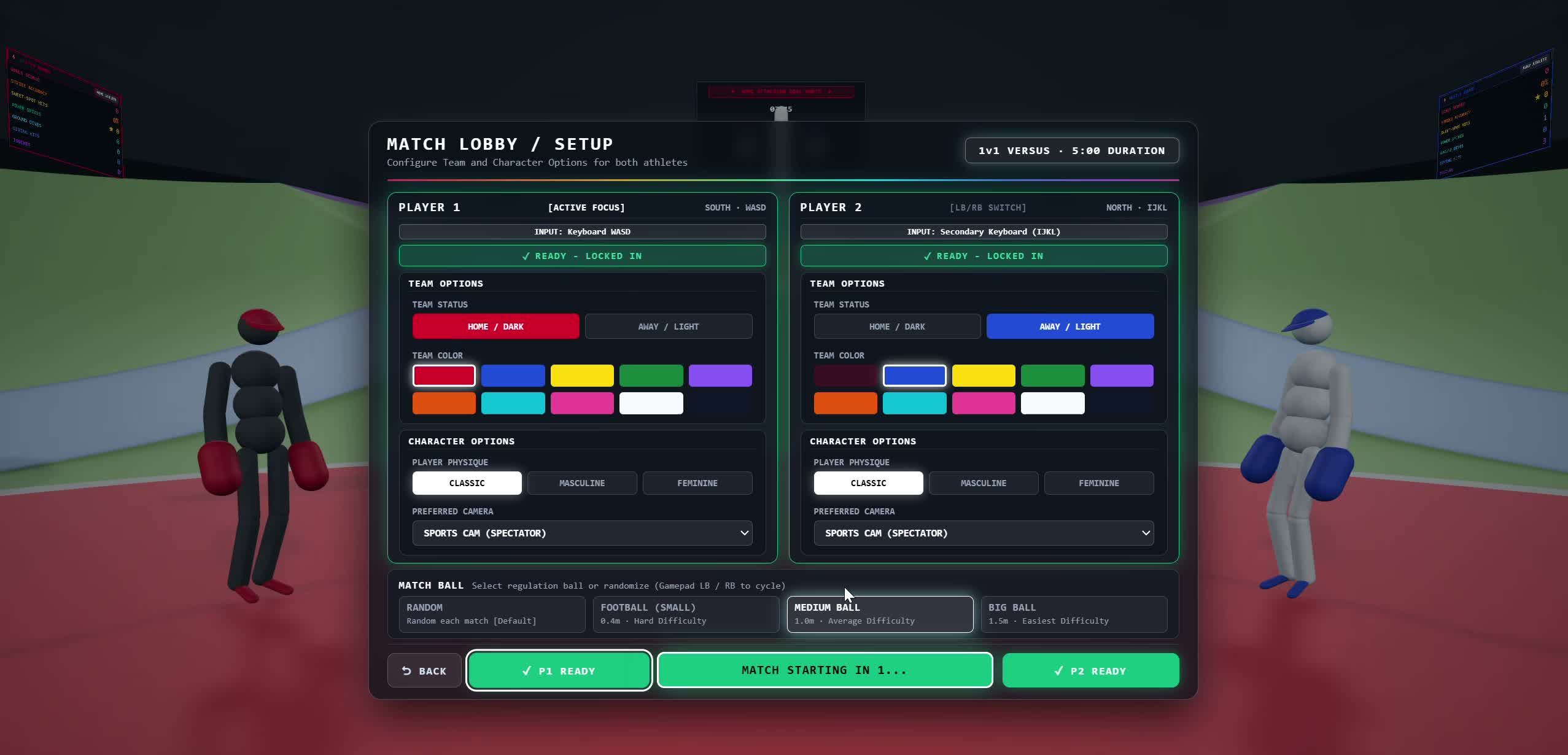 Valleyball Versus Match Lobby setup screen showing 10 team color swatches, 3 physiques, and ball options