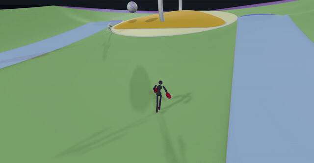 Animated gameplay loop showing athlete driving uphill, scoring cleanly through the goal arch, and immediate scoreboard inversion.