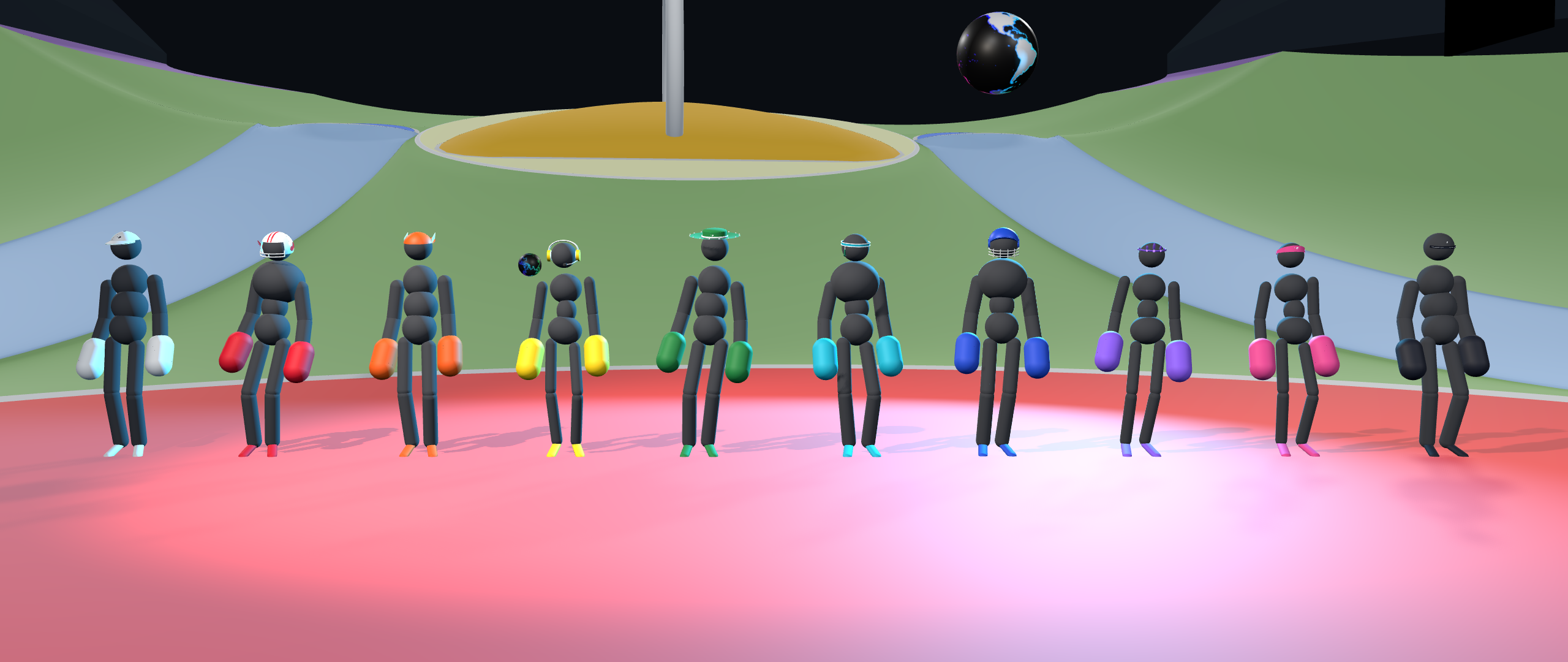 The 10 Athletes of the Valleyball Rainbow assembled in spectral order on the arena court