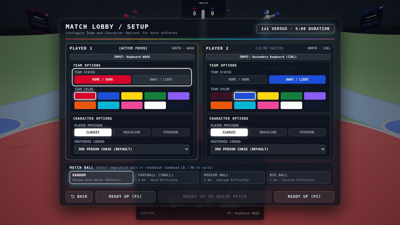 Valleyball Versus Match Lobby setup screen showing 10 team color swatches, 3 physiques, and ball options