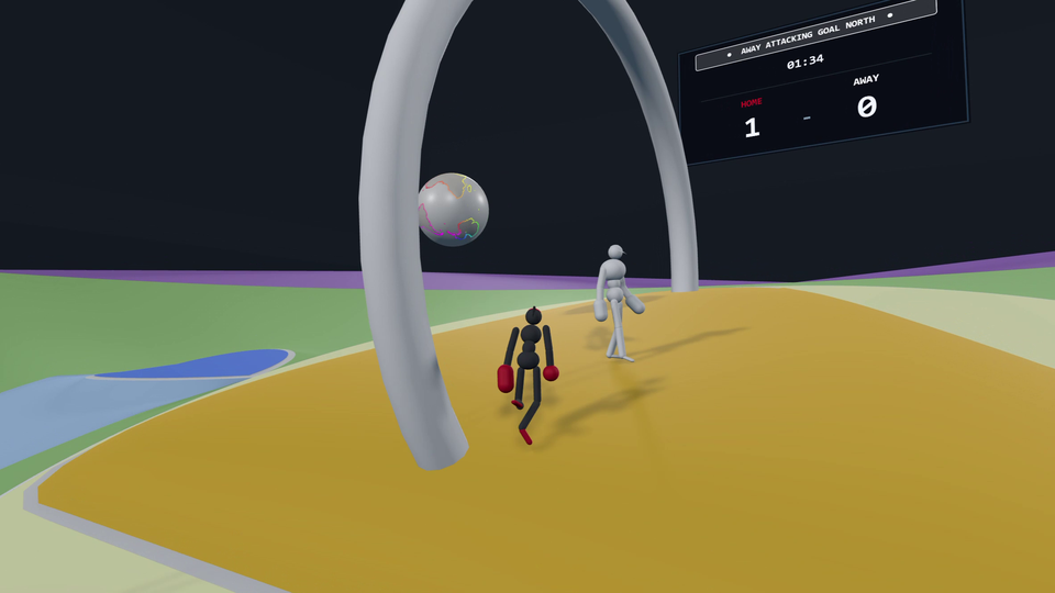 In-game goal clearance with the ball sailing through the goal arch and scoreboard advancing to 1 - 0